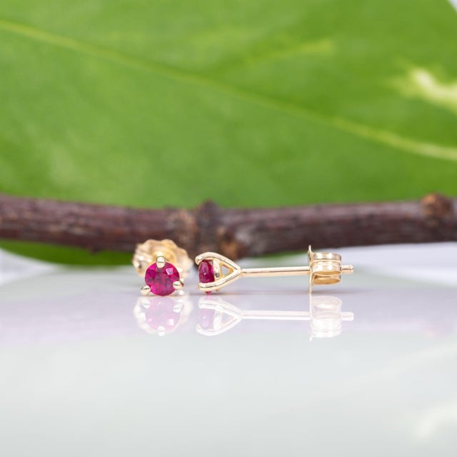 Mozambique Ruby Stud Earrings, Solid 14k Gold, 3mm Round, July Birthstone, Pair For Sale - Image 4 of 7