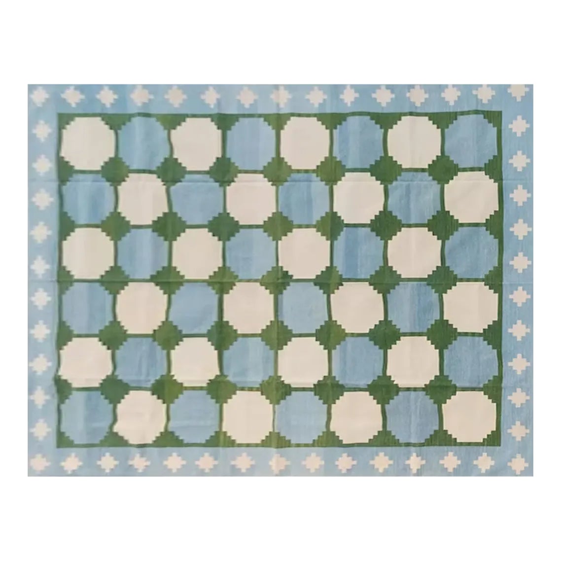Handmade Cotton Flat Weave Reversible Box Pattern Sky Blue and Forest ...