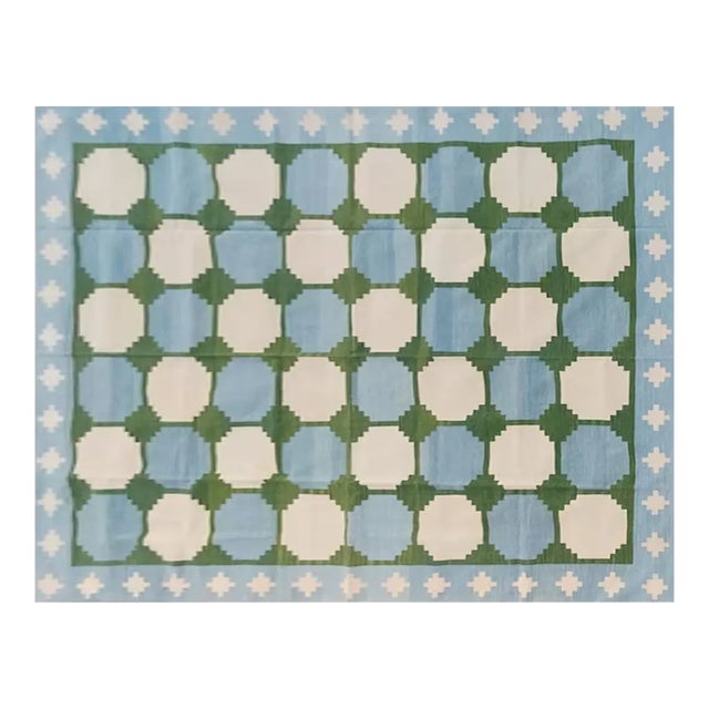 Handmade Cotton Flat Weave Reversible Box Pattern Sky Blue and Forest Green Area Rug - 6'x9' For Sale
