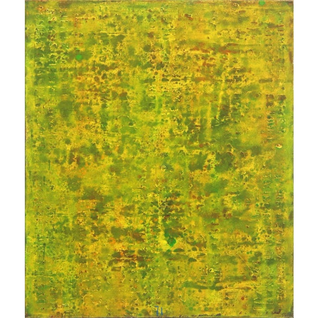 Original Minimalist Modern Abstract Green and Yellow Oil Painting on Canvas by Bernhard Zimmer "Se 33" For Sale
