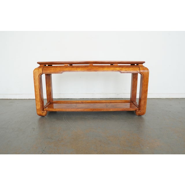 This vintage Asian-inspired console table by Century Furniture features beautifully patterned burl wood veneer with...