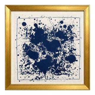 Authentic Original Framed Hermès Blue Abstract Splash Art Print in Gold Frame Contemporary Modern Wall Art Advertisement For Sale