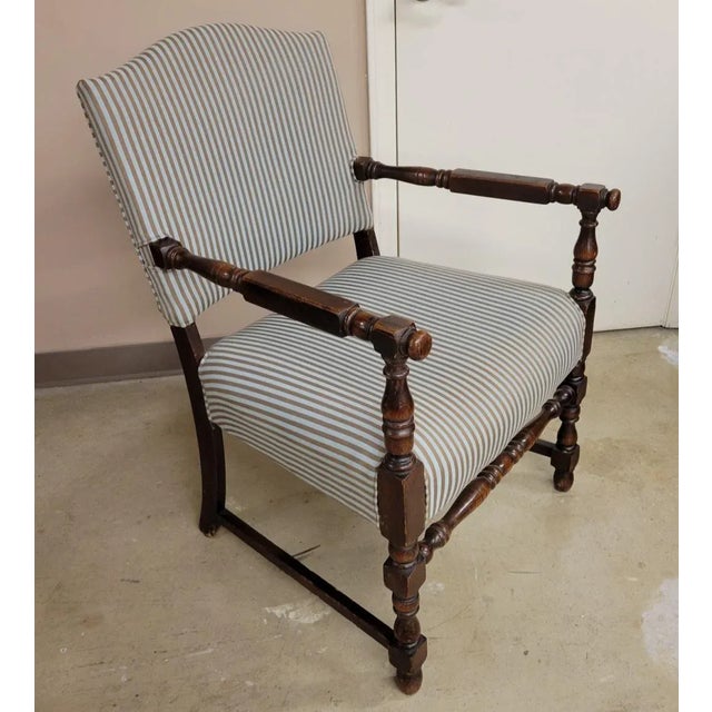 English Vintage English Open Wooden Arm Chair in Stripped Tan and Light Blue Upholstery For Sale - Image 3 of 8