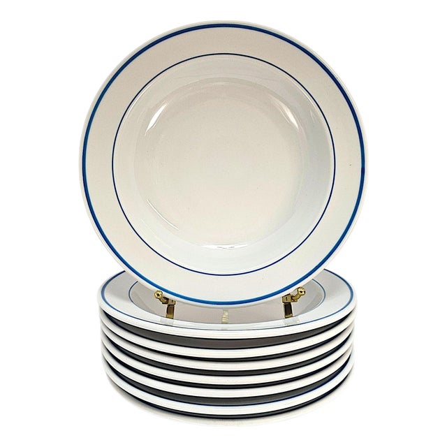 1970s Modern Alföldi Blue Band Alf5 Hungarian Porcelain Rimmed Soup Bowls, Set of 8 For Sale
