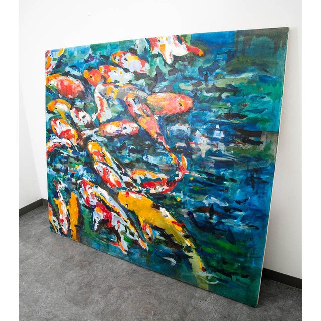 Mid 20th Century Oil Painting Koi Fish Textured Signed Romero Abstract Large 6'x7' For Sale - Image 12 of 12