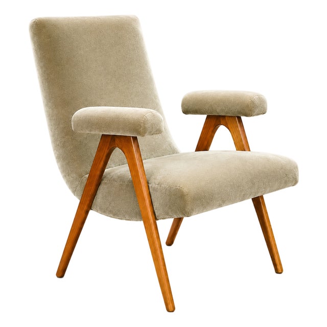 Brazilian Modern Armchair in Sage-Greige Mohair and Hardwood, Brazil, 1950s For Sale