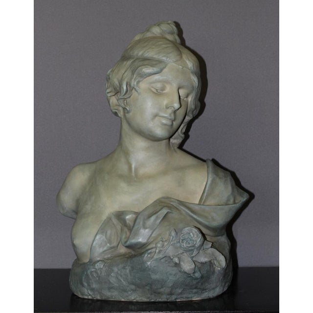 Bust of Young Woman in Ceramic with Blue-Green Patina by Léopold Bernard Bernstamm for Emile Muller, 1890s For Sale - Image 15 of 15