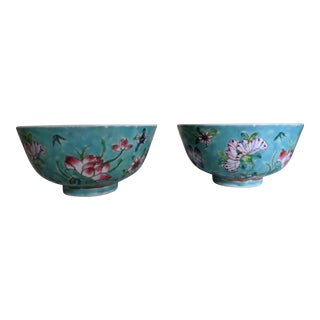 Vintage Chinoiserie Asian Turquoise Blue Porcelain Botanical Floral Decorative Bowls- a Pair For Sale