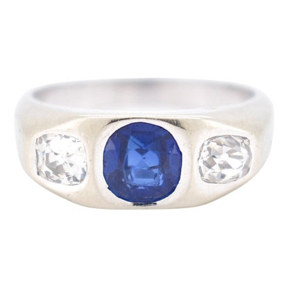 Art Deco Three Stone Synthetic Sapphire and Diamond Ring For Sale