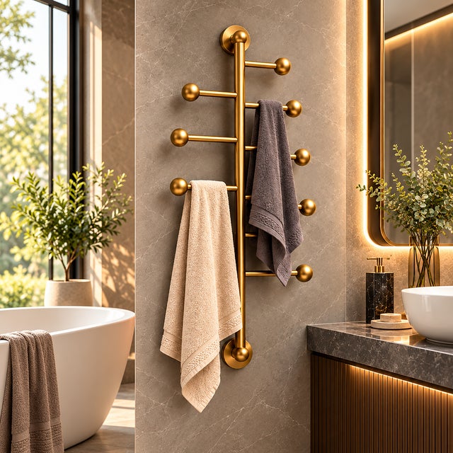 Not Yet Made - Made To Order Brass Wall Mounted Towel Rack | Vertical Multi-Arm Towel Holder | Luxury Bathroom Decor | Modern Brass Towel Bar With Finials 36 Inches For Sale - Image 5 of 11