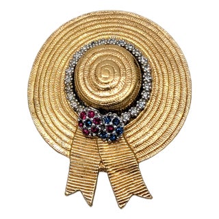 Vintage Signed Ciner Goldtone Faux-Ruby & Sapphire With Clear Rhinestones Hat Brooch For Sale