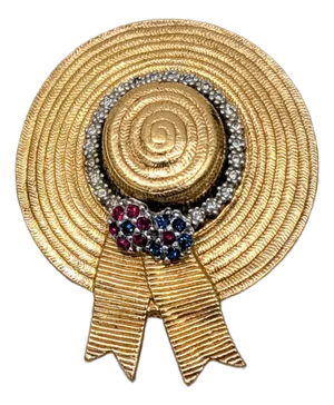 Vintage Signed Ciner Goldtone Faux-Ruby & Sapphire With Clear Rhinestones Hat Brooch
