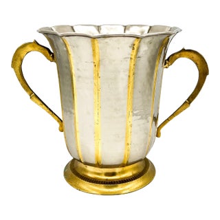 Vintage Hammered Brass & Silver Tone Double Handle Cachepot / Wine Cooler – Hollywood Regency / Neoclassical For Sale