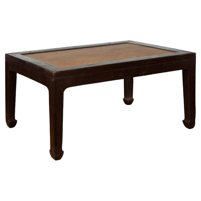 Chinese Early 20th Century Dark Brown Elm Coffee Table with Rattan Inset Top For Sale - Image 13 of 13