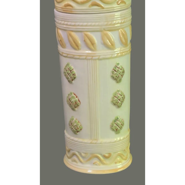 Contemporary Vintage Italian Majolica Ceramic Oval Pasta Storage Canister Artichoke Top For Sale - Image 3 of 9
