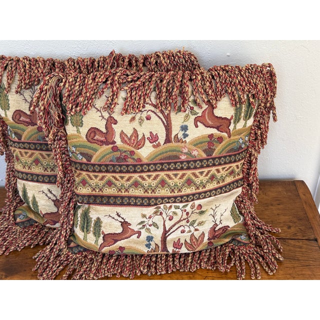Albert Hadley Late 20th Century Tapestry Stag Pillows With Bullion Fringe, a Pair For Sale - Image 4 of 6