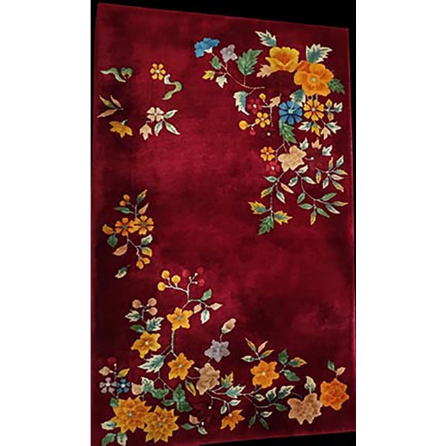 Art Deco 1930s Red Floral Modern Pair of Chinese Art Deco Carpets 3' X 4'10" Handknotted Wool Rugs For Sale - Image 3 of 4