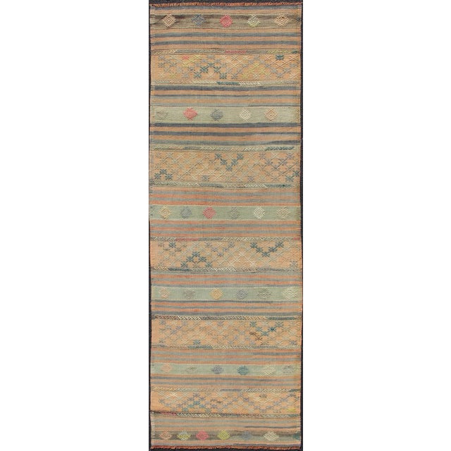 Vintage Turkish Kilim Runner With Geometric Shapes and Colorful Stripes For Sale - Image 11 of 11
