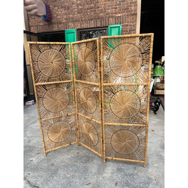 Vintage Wicker Detailed Boho Screen For Sale - Image 4 of 6