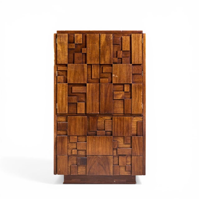 Lane Staccato Brutalist Mid Century Walnut Highboy Armoire Dresser This armoire measures: 38 wide x 18.75 deep x 63.75...