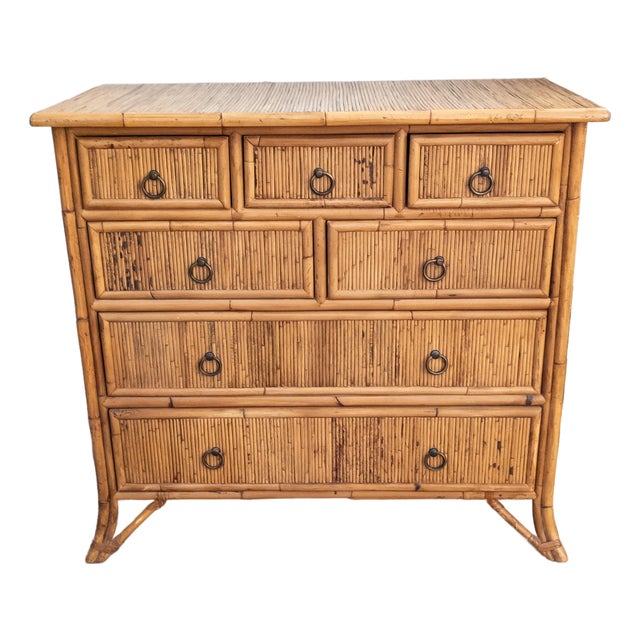 Late 20th Century Chinoiserie Safari Style Bamboo and Rattan Chest of Drawers Milling Road by Baker For Sale
