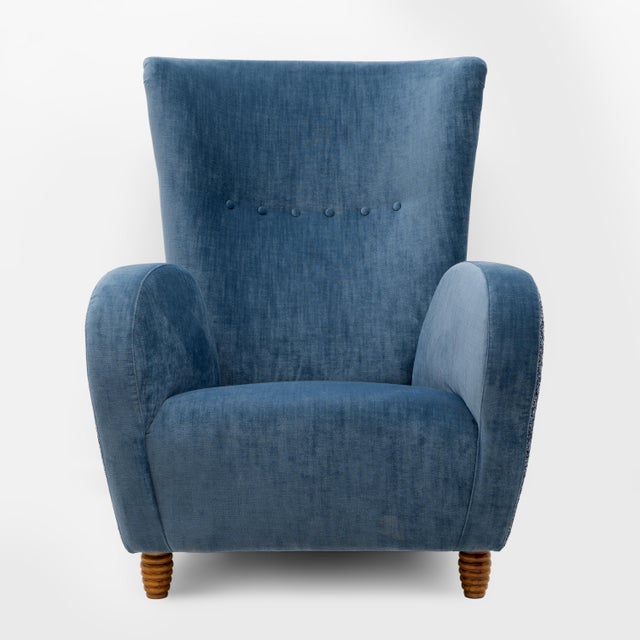 Textile Italian High-Back Armchairs in Blue Velvet and Chenille attributed to Paolo Buffa, 1950, Set of 2 For Sale - Image 7 of 10