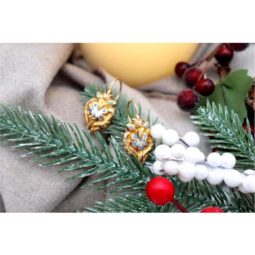 Gold Earrings with Reliefs and Enamel, Set of 2 For Sale - Image 3 of 8