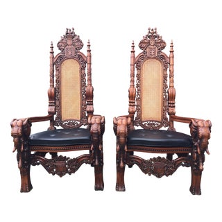Carved Walnut Elephant Throne Chairs, 1960, Set of 2 For Sale