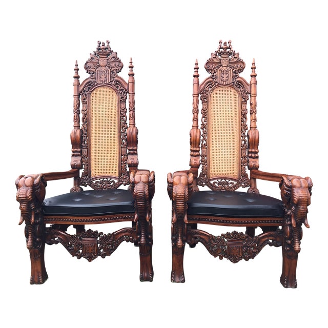 Carved Walnut Elephant Throne Chairs, 1960, Set of 2 For Sale