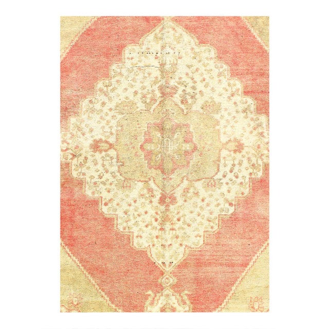 Tribal medallion design Oushak rug from Turkey. This vintage Turkish Oushak rug features a cross-shaped medallion design...