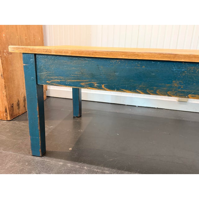 1940s English Pine Coffee Table With Blue Painted Base For Sale - Image 5 of 9