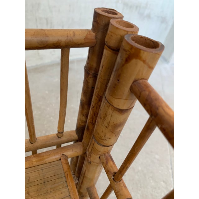 Vintage 1970’s 'Scorched Tortoise' Bamboo, Rattan Petite Folding 2-Tier Etagère For Sale - Image 9 of 12