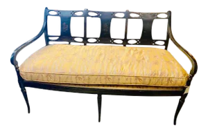 19th C. English Black Painted Settee With Flower Motif