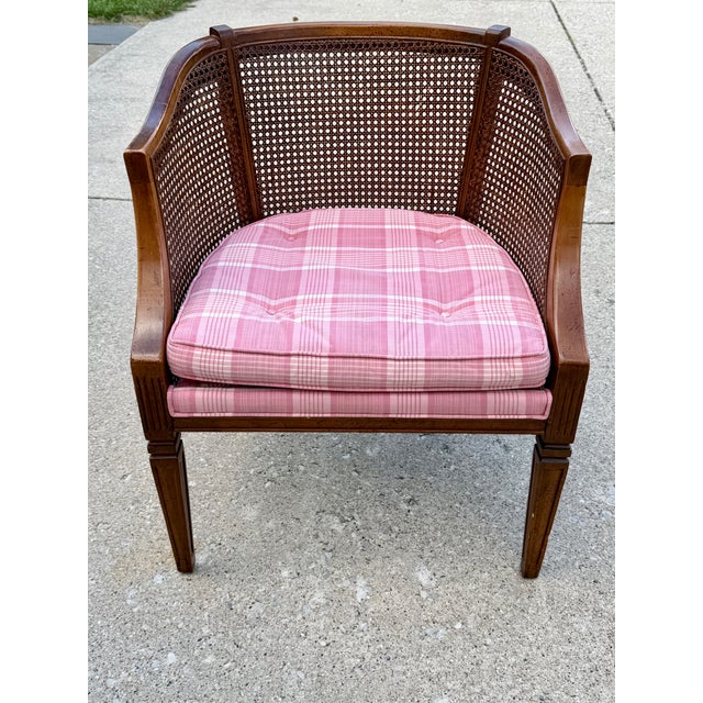 Vintage Mid-Century Modern Cane Barrel-Back Armchair | Hollywood Regency Neoclassical Revival | Tufted Pink Plaid Upholstery For Sale - Image 16 of 18