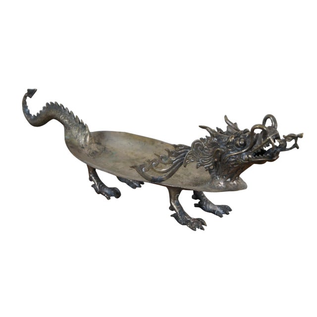 Chinese Vintage Bronze Sculptural Chinese Dragon Centerpiece Serving Tray Bowl Compote For Sale - Image 3 of 12