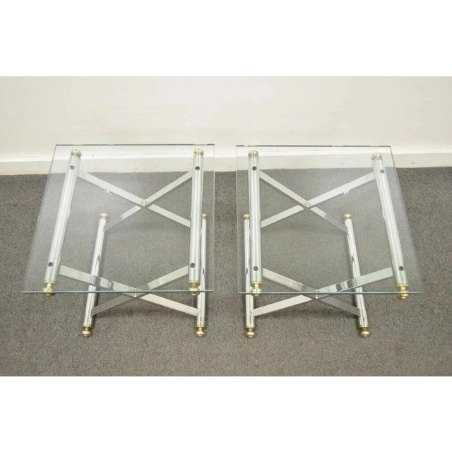 Mid Century Modern Hollywood Regency Chrome Brass Glass X Form Side Table - Pair For Sale - Image 4 of 12