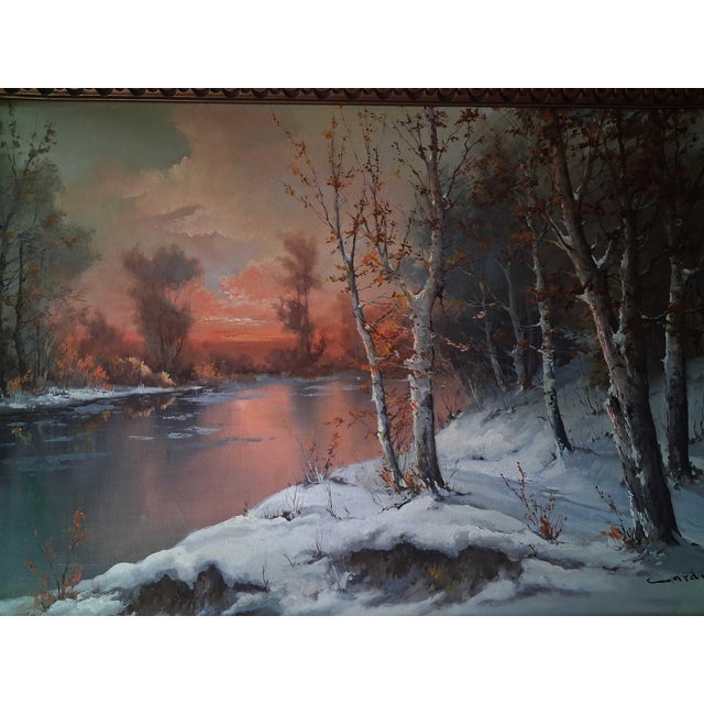 Realism 20th Century Winter River Sunset Landscape Oil Painting With Birches, Signed Cardi For Sale - Image 3 of 11