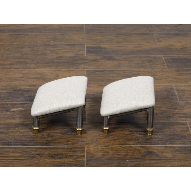 Metal Pair of Vintage French Steel and Brass Footstools with Custom Linen Upholstery For Sale - Image 7 of 11