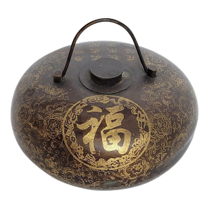 Antique Chinese Bronze Hand or Bed Warmer With Gilt Decoration & Calligraphy