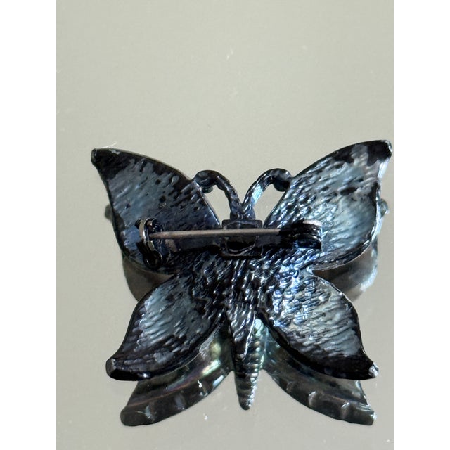 Mid Century Gunmetal Butterfly Brooch With Iridescent Wing Panels For Sale - Image 4 of 8