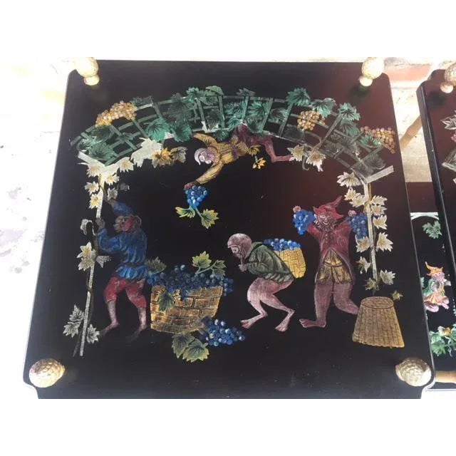 Metal Vintage Black Lacquered Tables W/ Painted Scenes- a Pair For Sale - Image 7 of 12