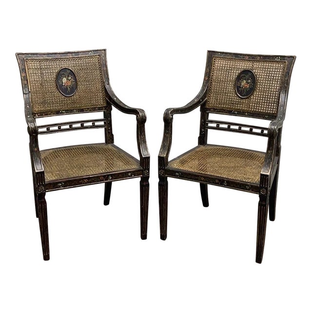 Antique English Regency Hand-Painted Cane-Back Medallion Armchairs - Pair For Sale
