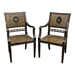 Antique English Regency Hand-Painted Cane-Back Medallion Armchairs - Pair