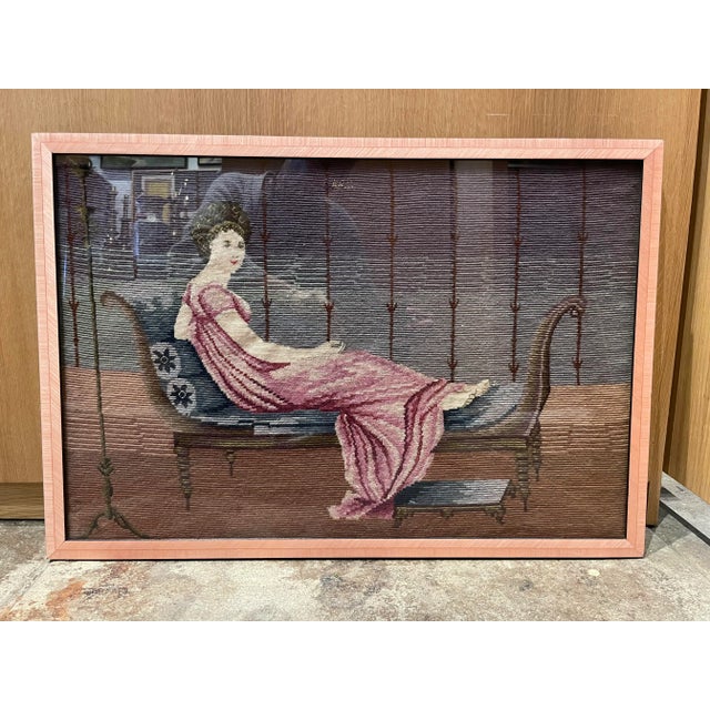 Antique Framed Needlepoint of Woman on Chaise Lounge, 1922 For Sale - Image 13 of 13