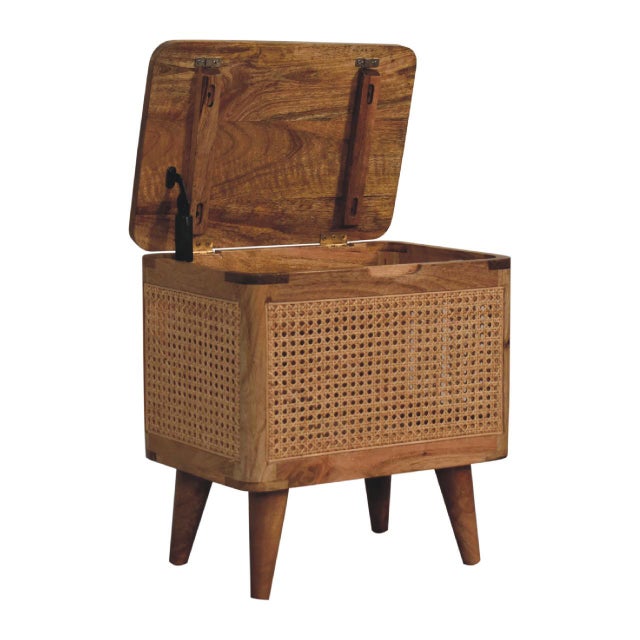 Oak-Tone Mango Wood Storage Stool With Rattan Base For Sale - Image 4 of 8