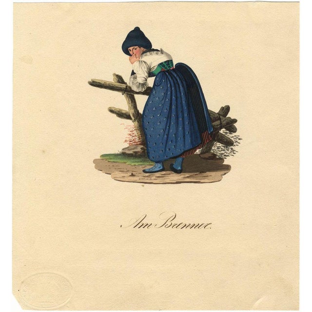 An original early 19th-century gouache painting Local Costume of Brenner, South Tyrol.An exceptionally vivid painting in...