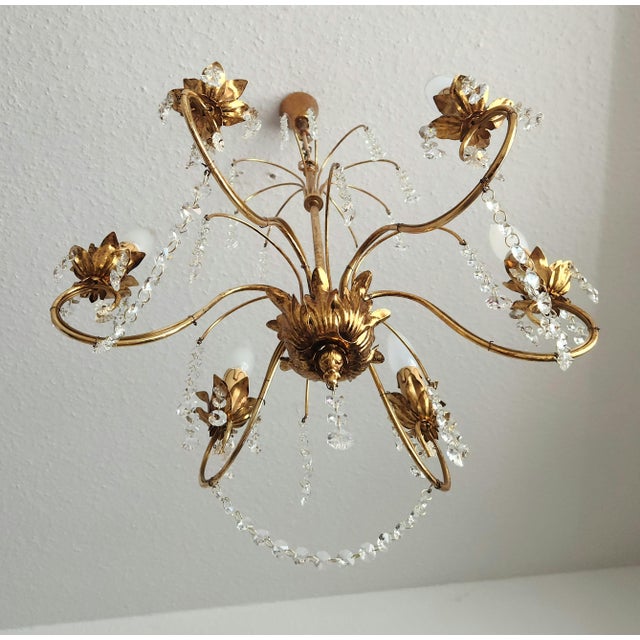 Vintage Hollywood-Regency Gold-Plated Cascade 6-Light Waterfall Chandelier with Crystal Pendants, 1960s For Sale - Image 17 of 18