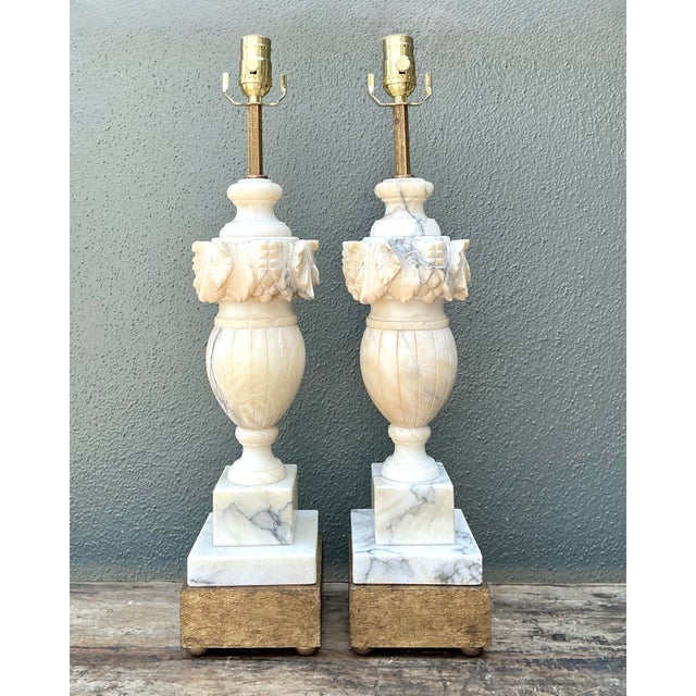 Vintage Carved Alabaster Leaves Lamps - A Pair For Sale - Image 11 of 12