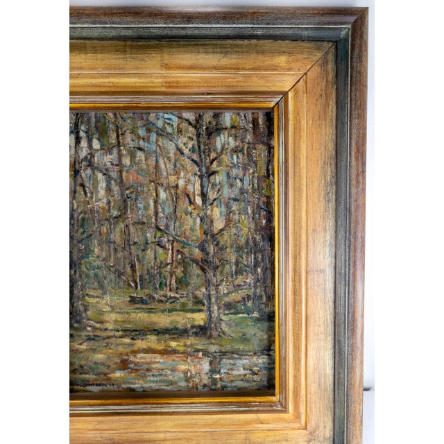 Mid-Century Modern Impressionist Oil Painting Wooded Landscape Signed Campbell For Sale - Image 4 of 11
