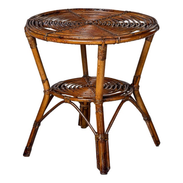 Mid-Century Italian Rattan & Bamboo Two-Tier Side Table For Sale